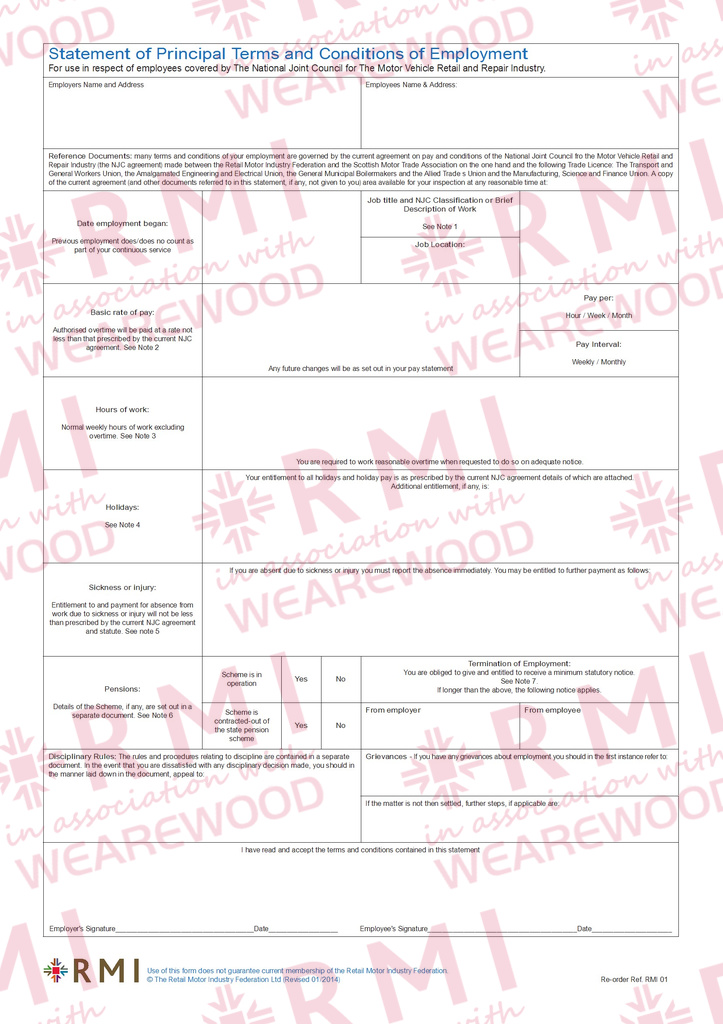RMI001: T&C of Employment Form Pad