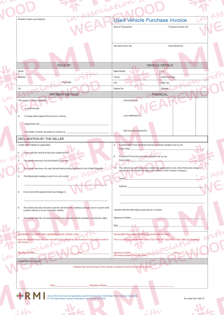 RMI047: Used Vehicle Purchase Order Invoice Pads