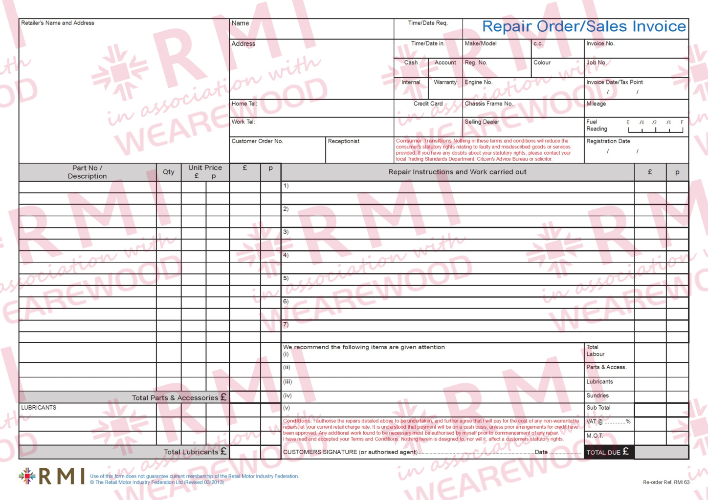 RMI063 - Repair Order / Invoices / Jobsheet Pad