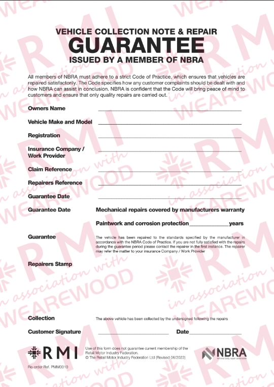 PMM0010: Vehicle Collection Note & Repair Guarantee Form Pad