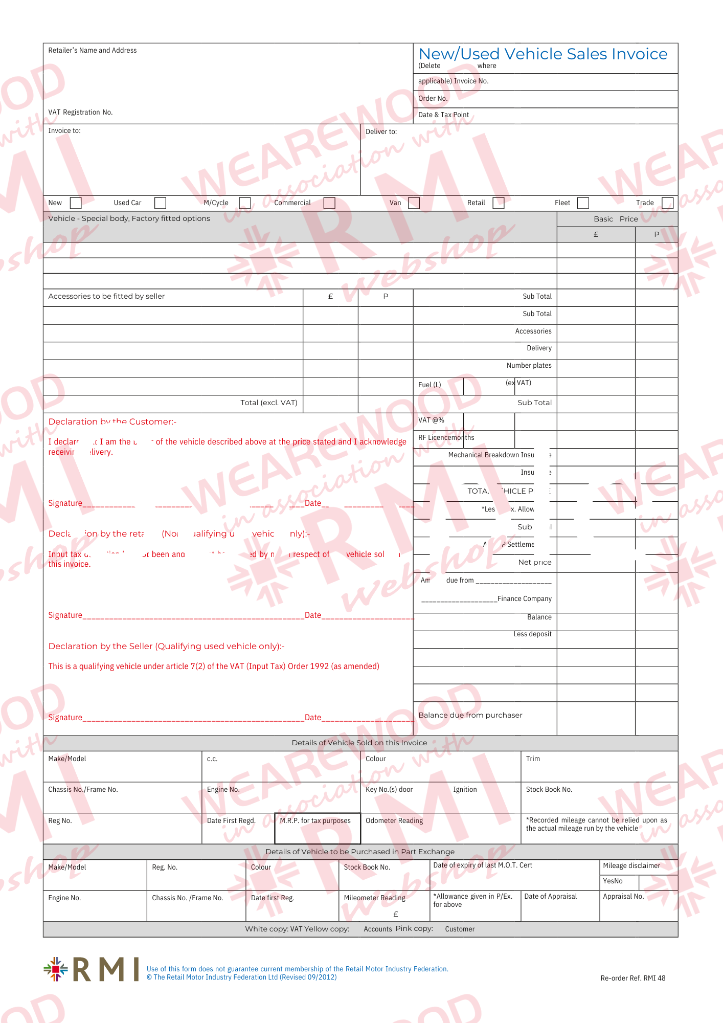 RMI048: New / Used Vehicle Sales Invoice Pads
