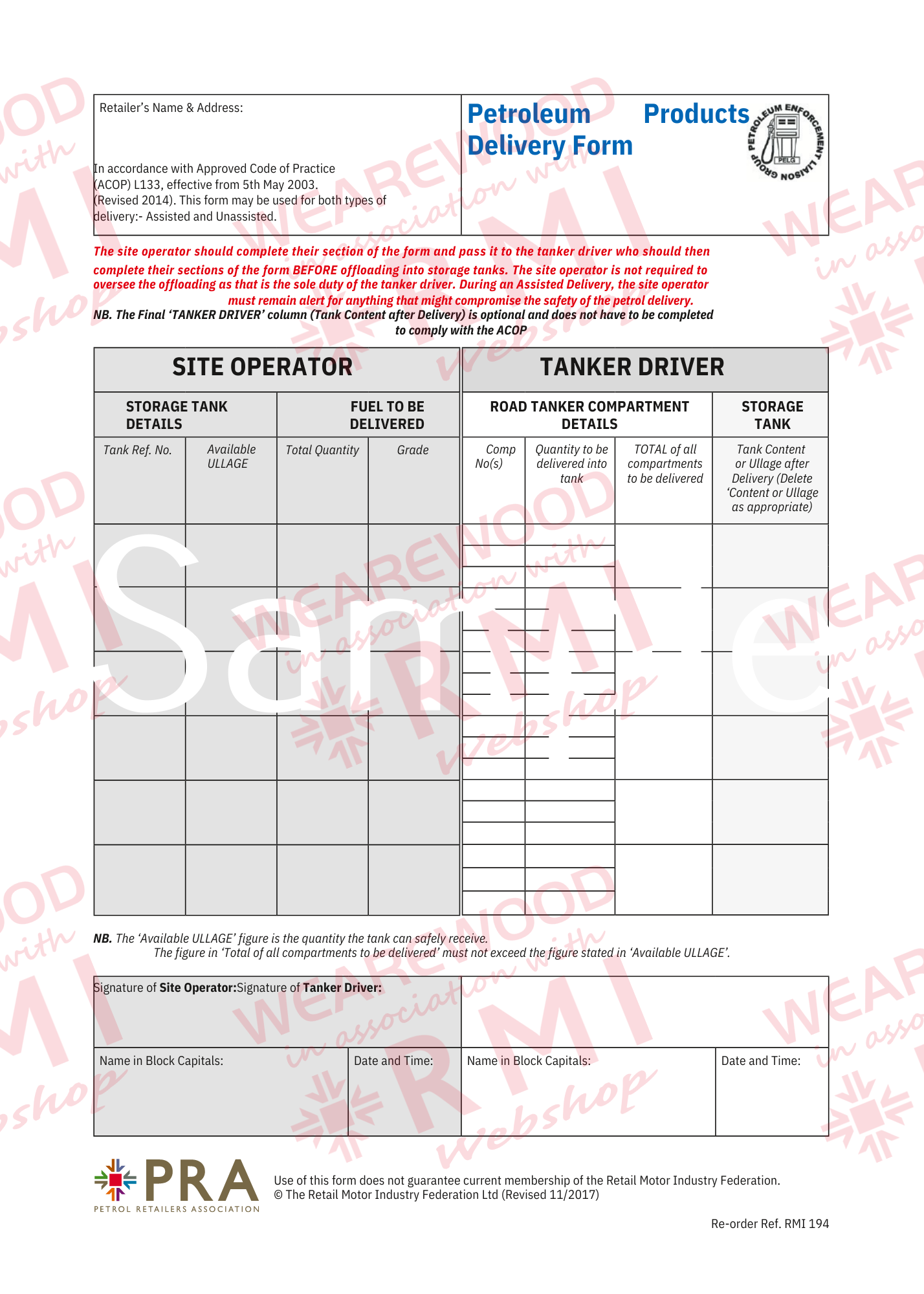 RMI194: Petroleum Delivery Form Pad